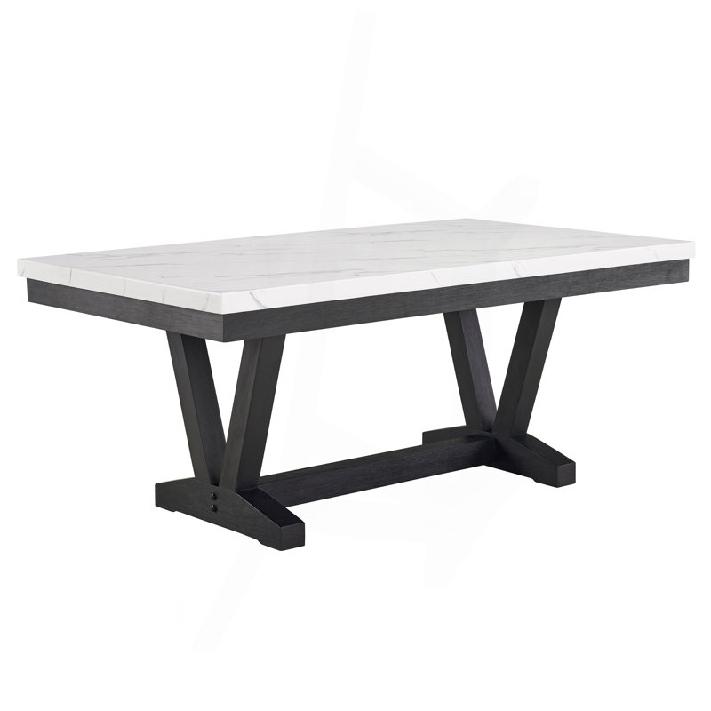 Rectangular 6 Dining Table With Glossy Marble Surface And Black Trestle Stand Modern 6 Top Strong Base, Faux Marble