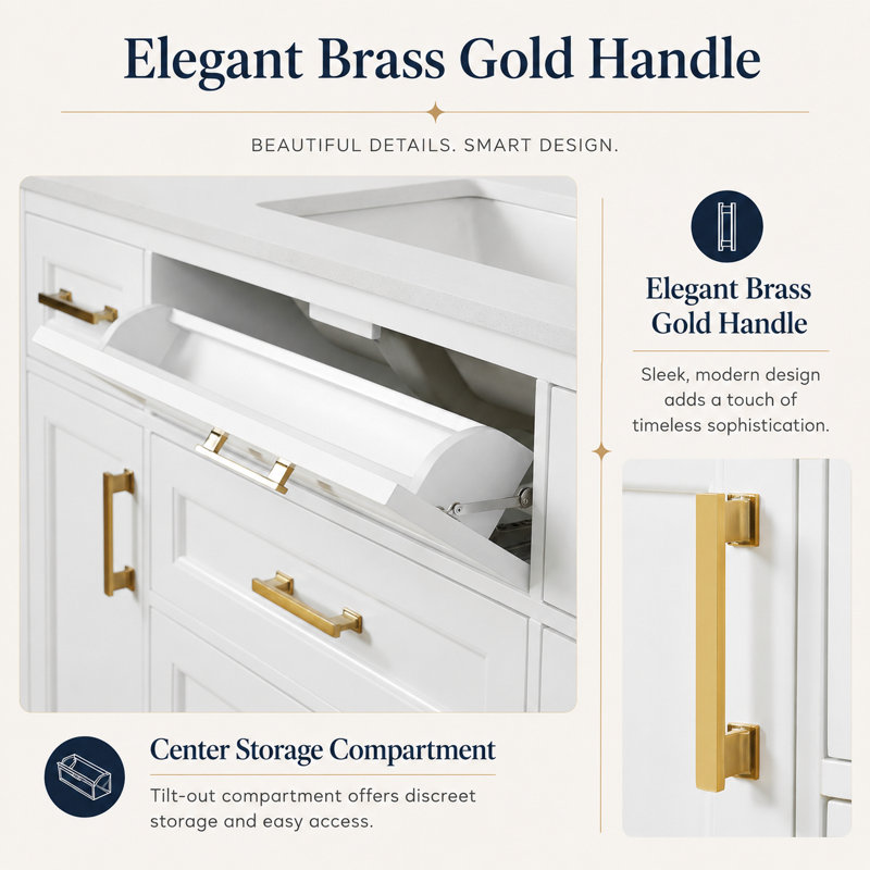 48'' Fully Assembled Single Bathroom Vanity with Ceramic Sink and Backsplash, White, Gold