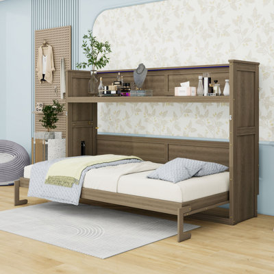 Twin XL Murphy Bed with Shelves, LED Lighting, USB & Socket Charging Station