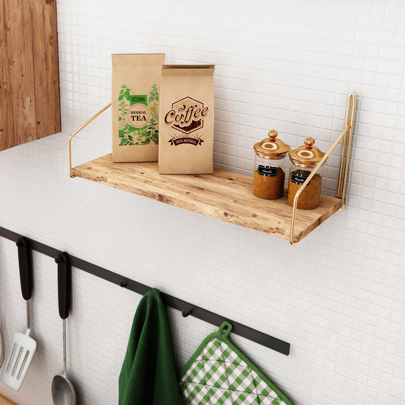 Solid Wood Wall Shelf with Metal Brackets, 17.7 x 6.3 x 6.3 inches | Durable 100% Solid Wood, Holds Up to 6.6 lbs | Modern Industrial Design in Gold and Brown | Perfect for Home, Office, or Gallery Display
