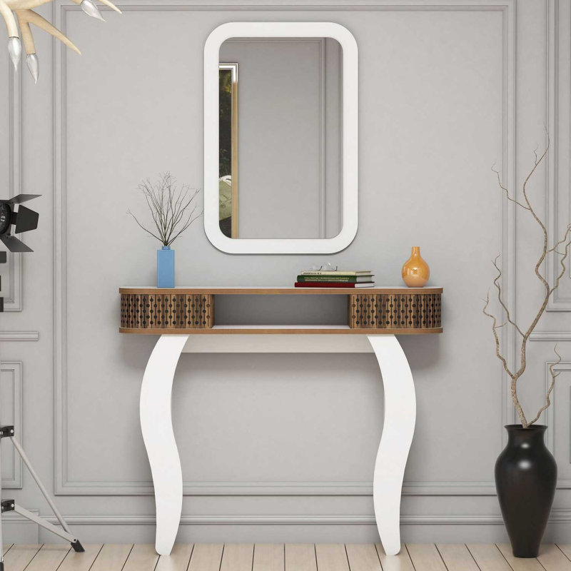 Modern White Sideboard with Mirror, 41.3 x 33.5 x 11.8 in | 100% Melamine Coated Particle Board, Thickness: 0.7 in | Multiple Shelves, Wall-Mountable Design, Geometric Style for Contemporary Living Spaces