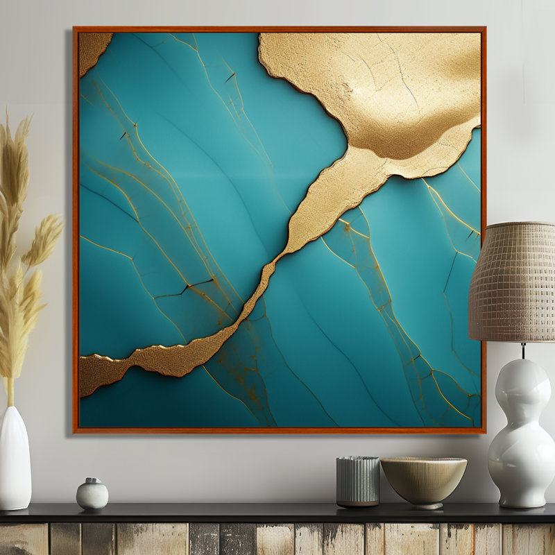 Touche d'art sur agate turquoise - marbre, Toile avec cadre flottant brun, H 16 po x l 16 po x P 1 po