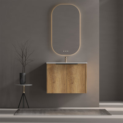 Meuble-lavabo mural avec panneau cannelé 3D et lavabo