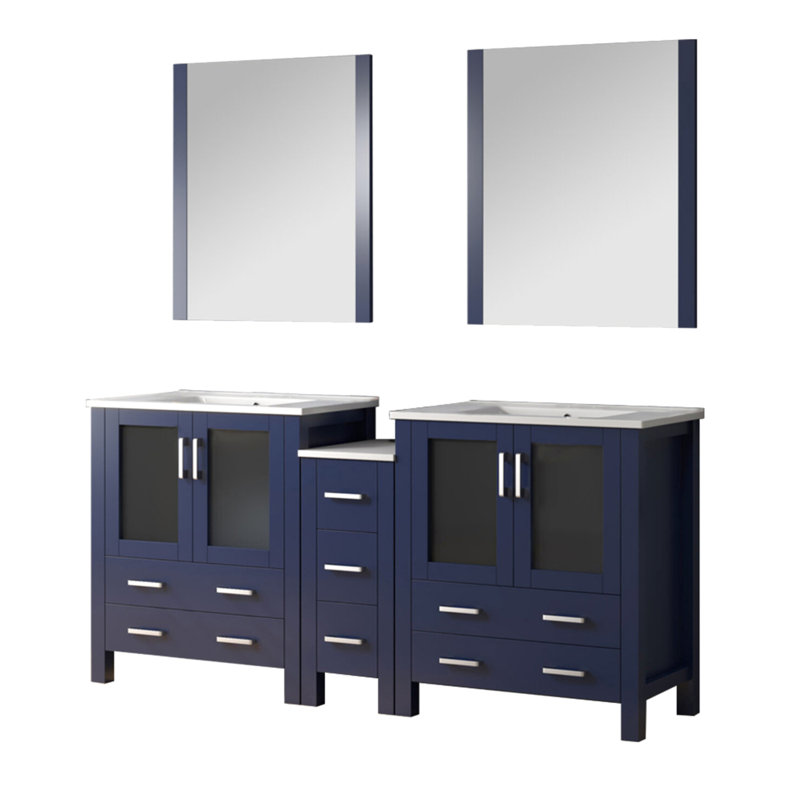 72 po De meuble-lavabo double l 18 po x P 18,25 po avec armoire latérale, surface en céramique blanche, structure en bois massif, fermeture en douceur, deux armoires intérieures et sept tiroirs pour un rangement abondant,