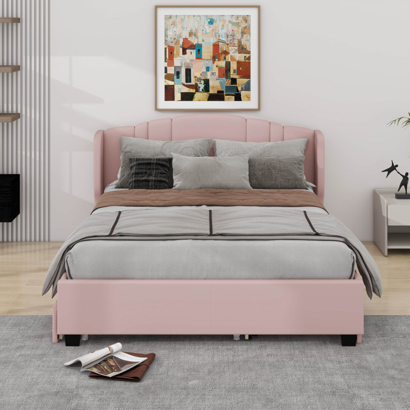 Grand lit plateforme tapissier avec tête de lit à oreilles, lit gigogne et tiroirs, Rose