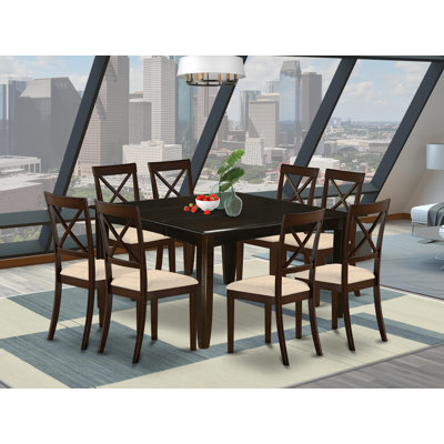 9 Piece Dining Table Set Includes a Square Wooden Table with Butterfly Leaf and 8 Linen Fabric Dining Room Chairs, Cappuccino