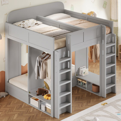Triple Bunk Loft Bed with Storage Shelves & Hooks, Twin + Twin over Twin XL, Space-Saving Kids Bed,Gray by Latitude Run