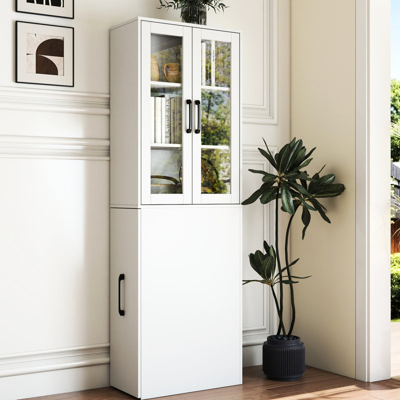 Tablette coulissante 4 niveaux 2 portes vitrées 72,27 "H Vitrine moderne en bois pour la cuisine, Blanc