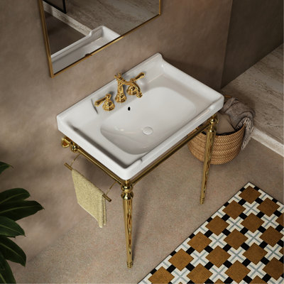 Lavabo de salle de bain 28 po, lavabo mural en céramique blanche, 3 trous de robinet pré-percés, or, structure de support en acier inoxydable avec barre à serviettes, haute performance, facile à nettoyer, à gratter, non