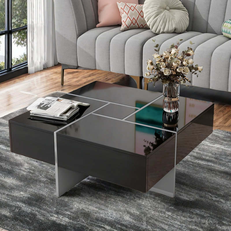 Coffee Table with 4 Hidden Storage Compartments, Sliding Top, High-Gloss, Black