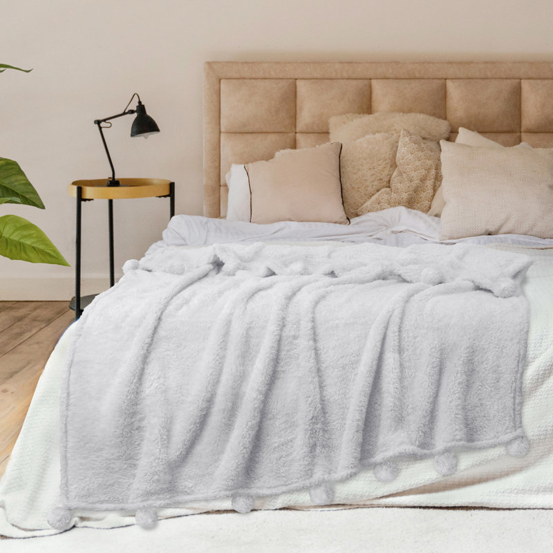 White Sherpa Fleece Throw Blanket with Pom Pom Fringe