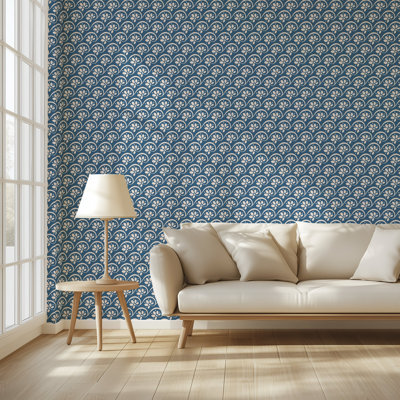 Navy Fan Motif Wallpaper, 125"H x 25"W, Vinyl Peel and Stick