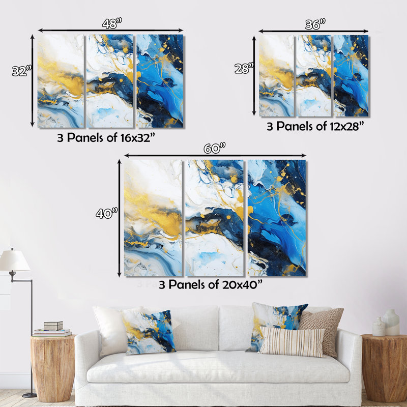 «Blue and Gold Luxury Abstract Fluid Art IV», reproduction sur toile tendue 3 pièces, H 28 po x l 36 po x P 1 po