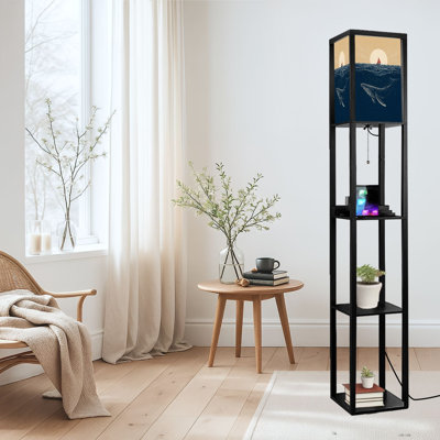 Dimmable LED Standing Floor Lamp Sailing Boat Whale Underneath Stylized Ocean Art, MDF Frame Floor Lamp with Remote Control, 3 Color Light, for Living Room Bedroom
