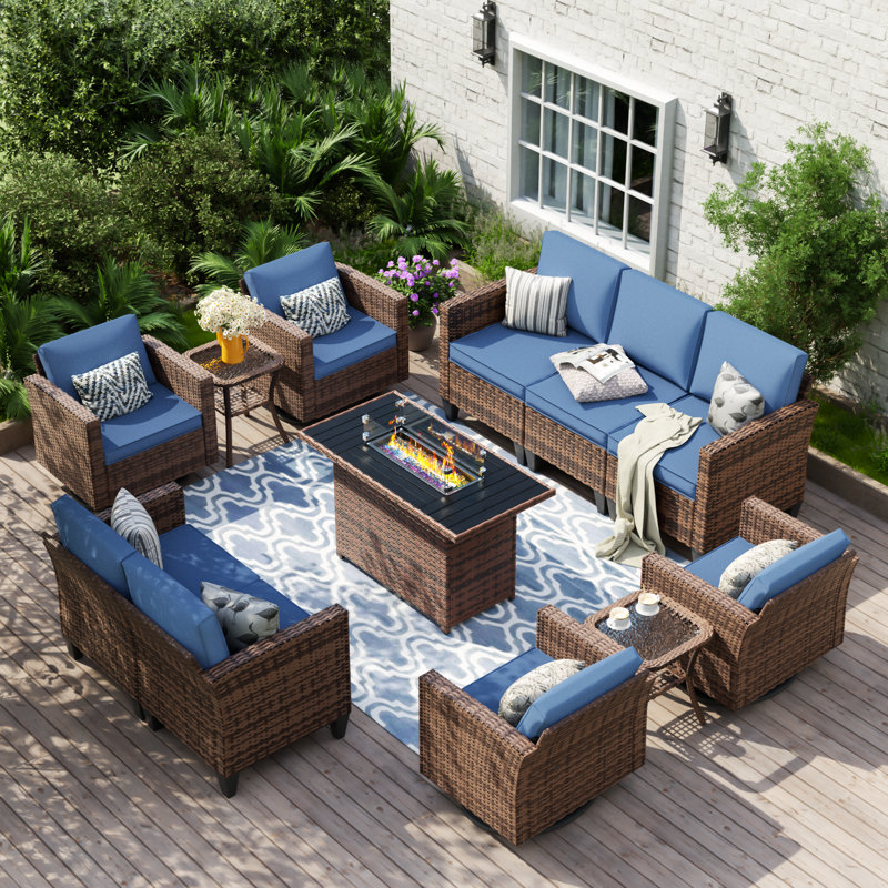9 - Person Outdoor Wicker Sofa Seating Group With Fire Pit And 2 Side Table, Blue