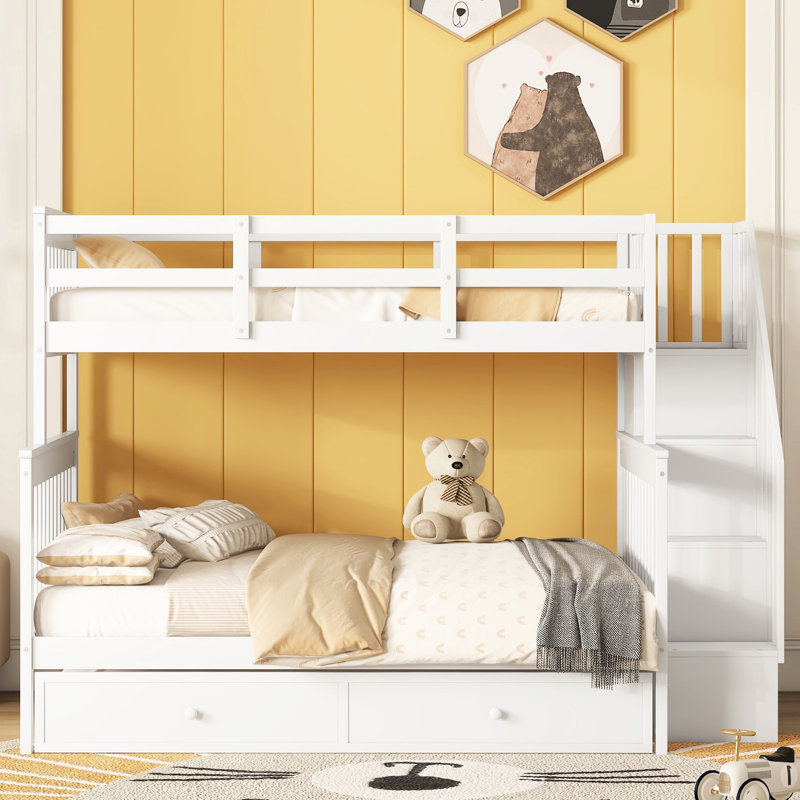 Lit superposé simple avec rangement, lit gigogne simple et garde-corps - Bois massif blanc pour la décoration de la chambre à coucher