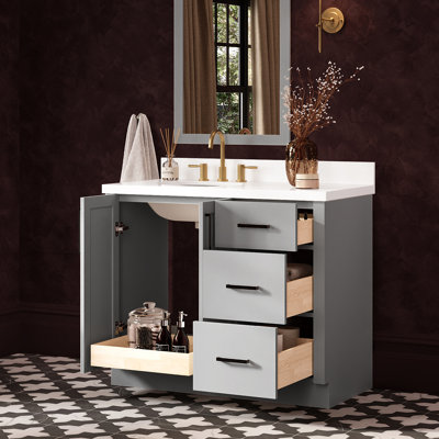   Kayleigh 43 Inch Left Offset Single Oval Sink Bathroom Vanity with Pure White Quartz Countertop 1.5 Inch in Grey