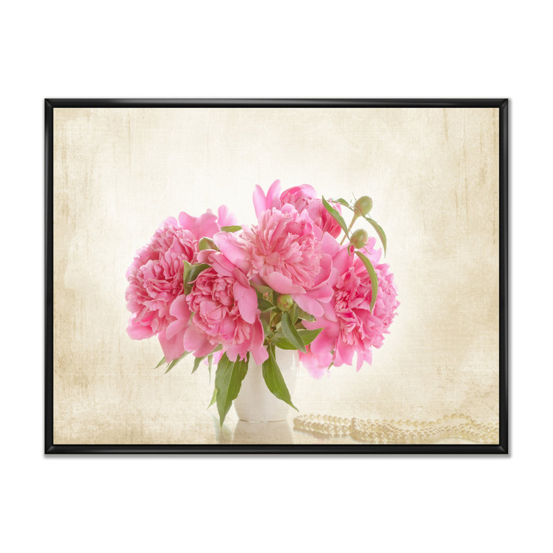 Rose pivoines Bouqet - Art mural sur toile traditionnel, H 20 po x l 12 po x P 1,5 po, Cadre flottant noir