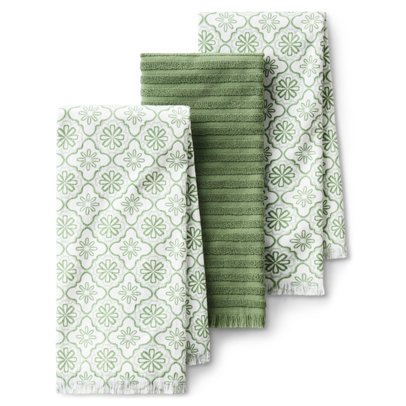 DRAPER JAMES Allover Geo Floral Kitchen Towel 3-Pack Set, Absorbent 100% Cotton, Seafoam Green, 17"x28", Seafoam Green