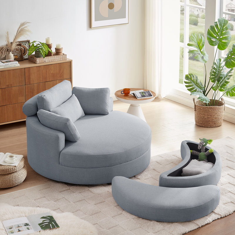 Dashton Upholstered Barrel Chair with Ottoman, Light Gray Linen