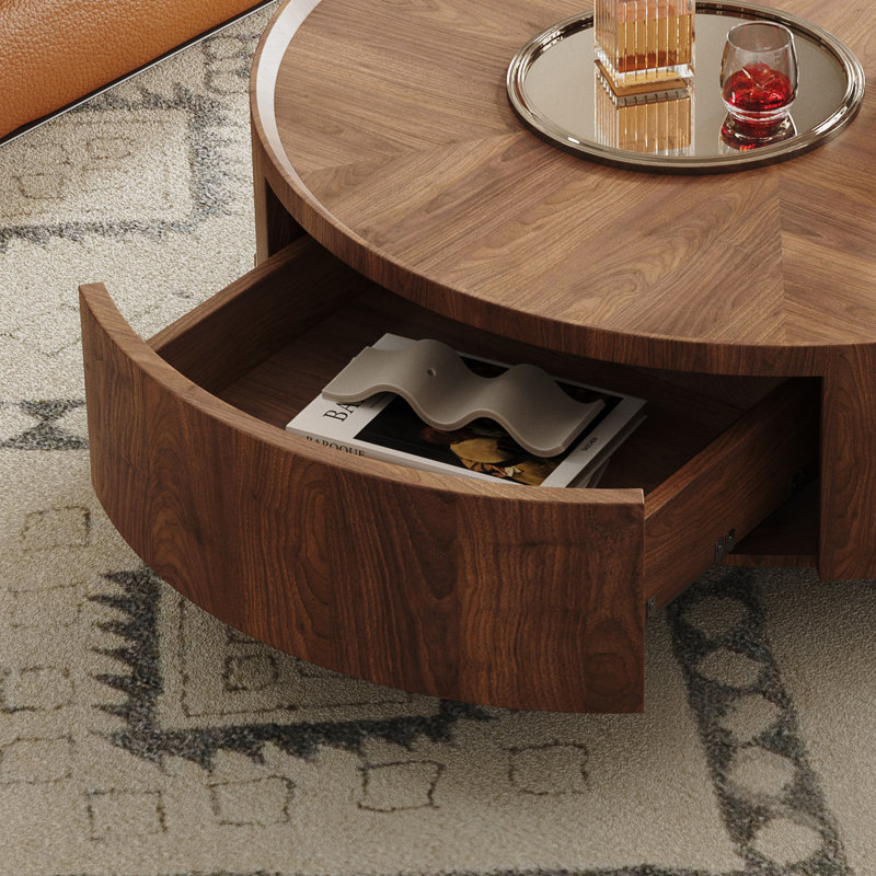 Walnut Wood Grain Pattern Round Coffee Table With Dual Drawers For Living Room, 12.6" H x 31.5" L x 31.5" W