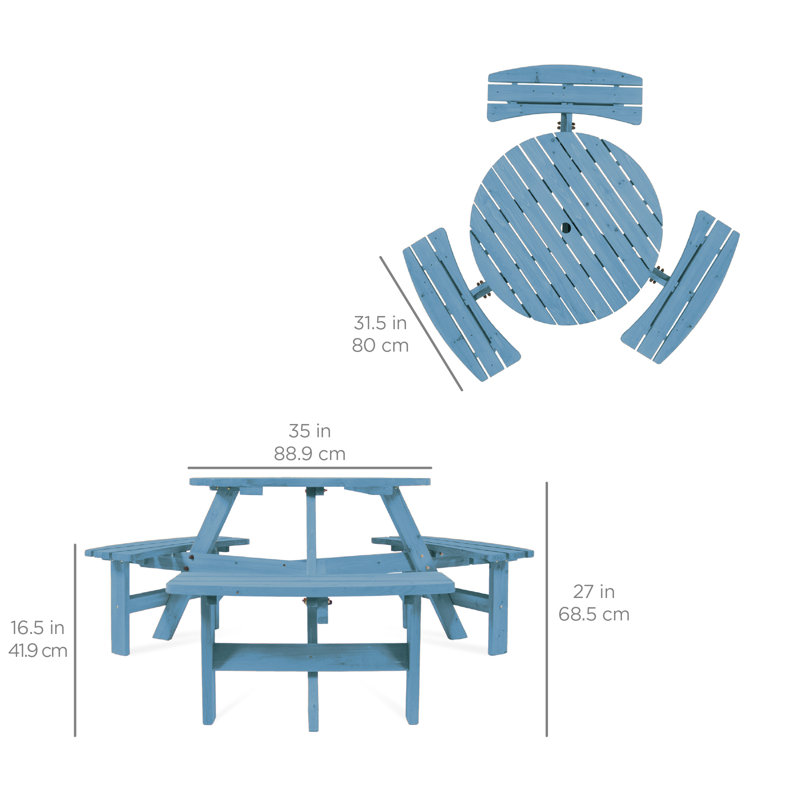  6-Person Circular Outdoor Wooden Picnic Table W/ 3 Built-In Benches, 500Lb Capacity - Seaside Breeze, Blue