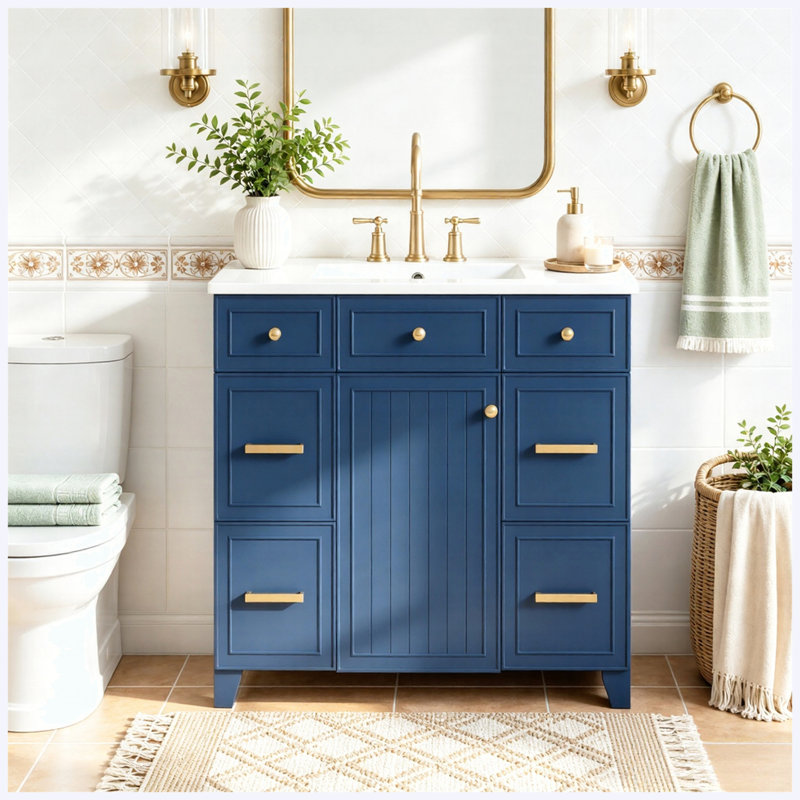 Meuble-lavabo sur pied 36 po avec lavabo en céramique, structure en bois massif, portes à fermeture en douceur, 3 tiroirs avec tiroir à double profondeur, tablettes réglables, bleu
