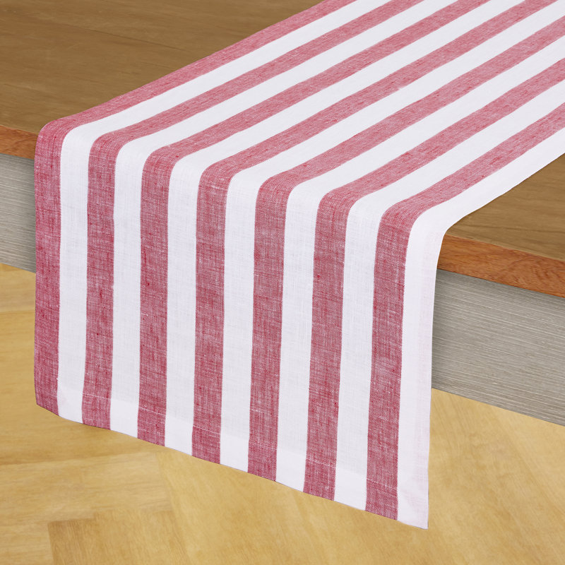 100% Pure Linen  Table Runner - Sorrento Stripe, 90" x 14", Red/White Large Stripe