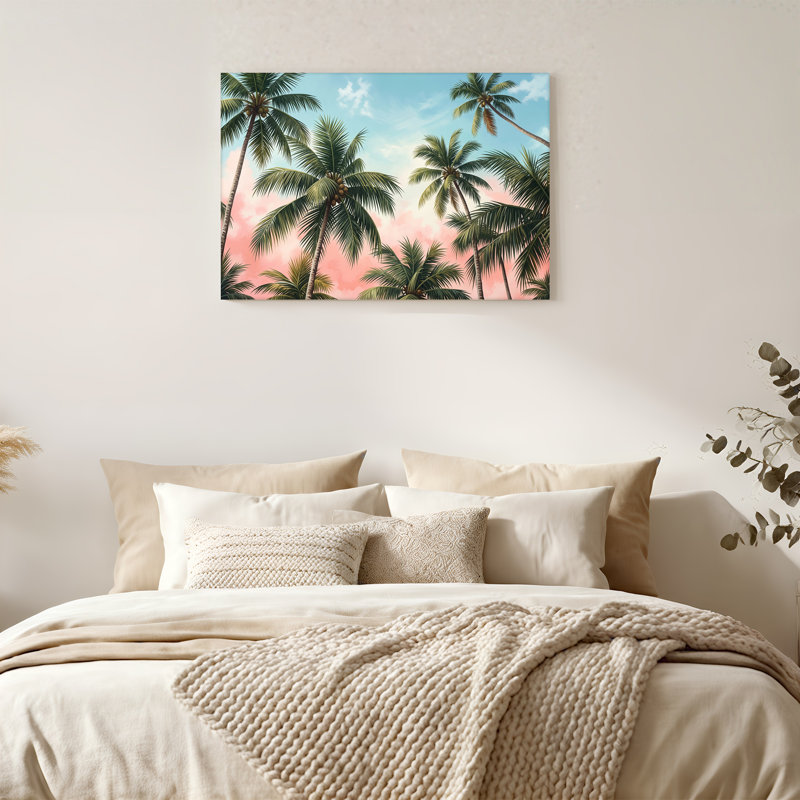 Art sur toile, cocotiers contre ciel rose, H 12 po x l 18 po