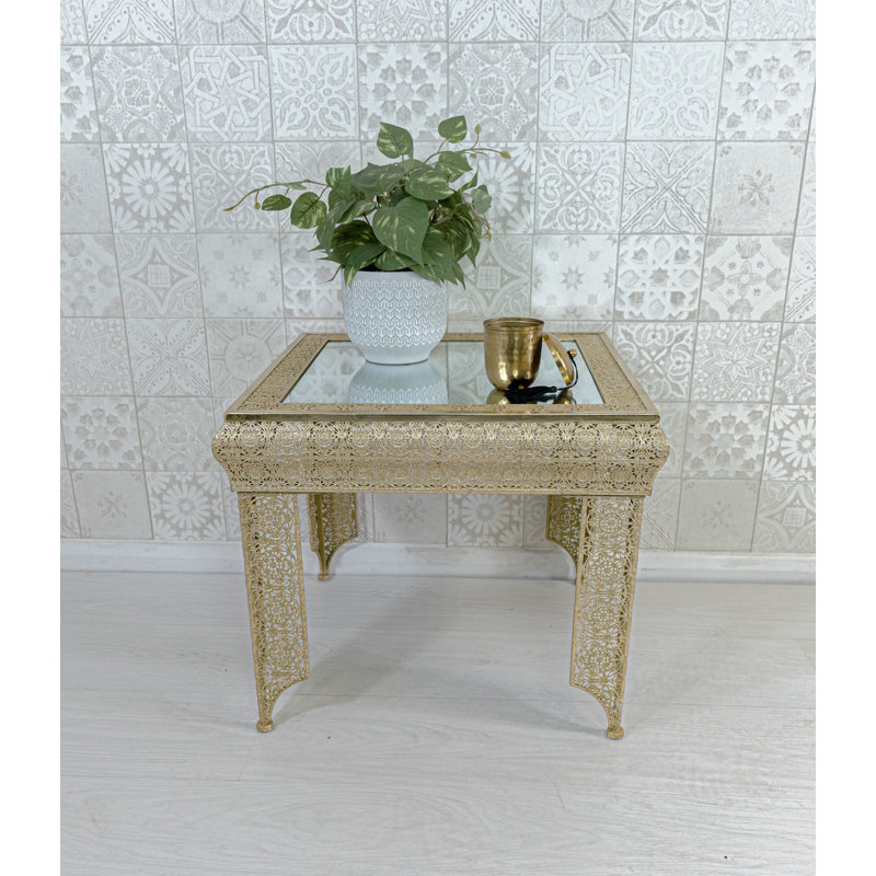Carlyse Embossed Metal & Glass Moroccan Style Side Table , Gold