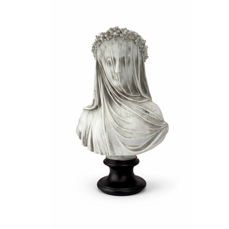 14" Veiled Maiden Bust Statue - Antiqued White Cast Stone Resin Decor