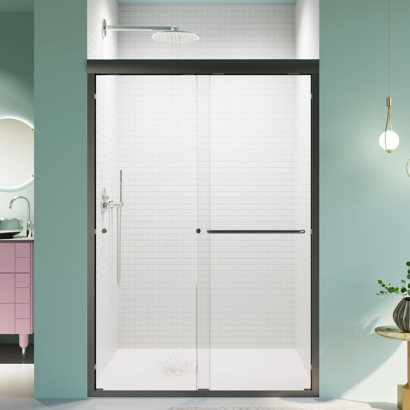 Porte coulissante double de 44 po à 48 po x H 72 po, verre trempé, noir mat, attrait pour salle de bain réglable Douche réglable de 44 à 48 po de hauteur H 72 po, disposition optimale de 1/4 po
