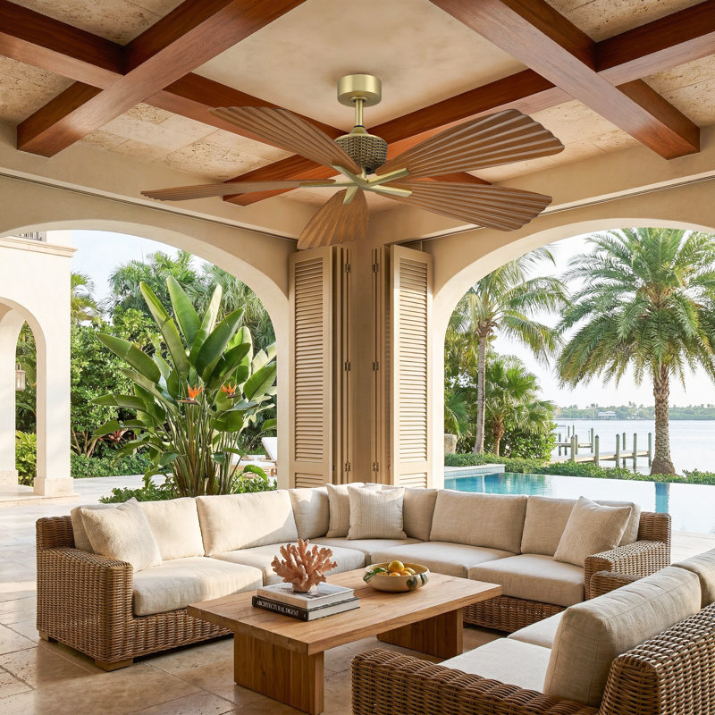 56" IP66 Waterproof Outdoor Ceiling Fan with Remote Control ABS Blades 6 Speeds Reversible DC Motor No Light, Brown
