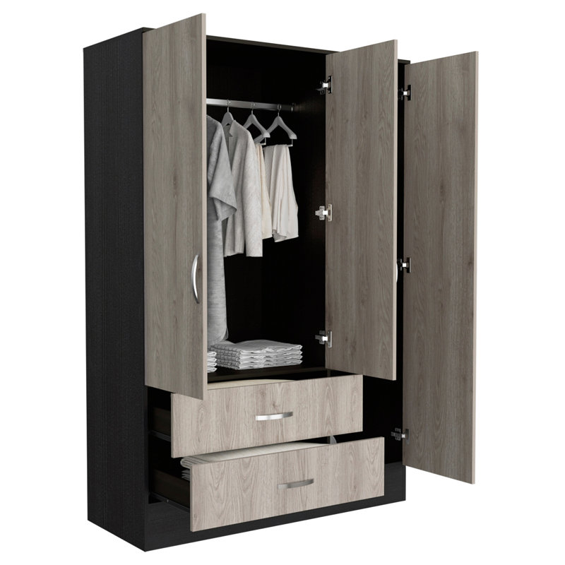 Armoire à miroir Bolton 120, quincaillerie en métal, armoire à deux portes, deux tiroirs, porte simple avec miroir, tringles - multicolore