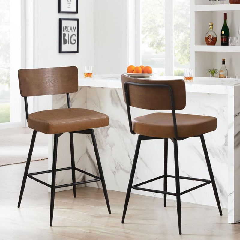 Swivel Upholstered Counter Stool with Metal Frame, Brown