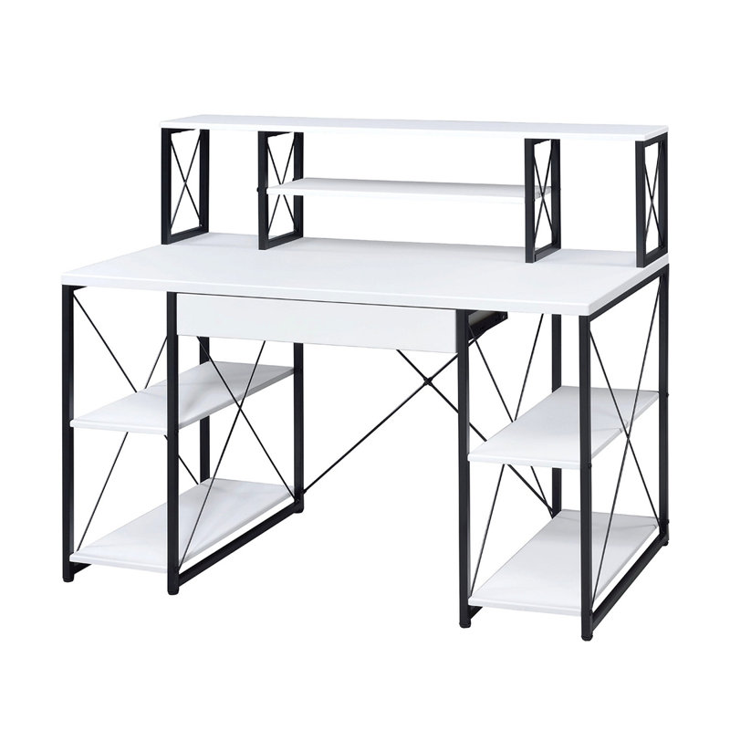 Bureau d'écriture avec un tiroir et 8 compartiments ouverts, Blanc/Noir