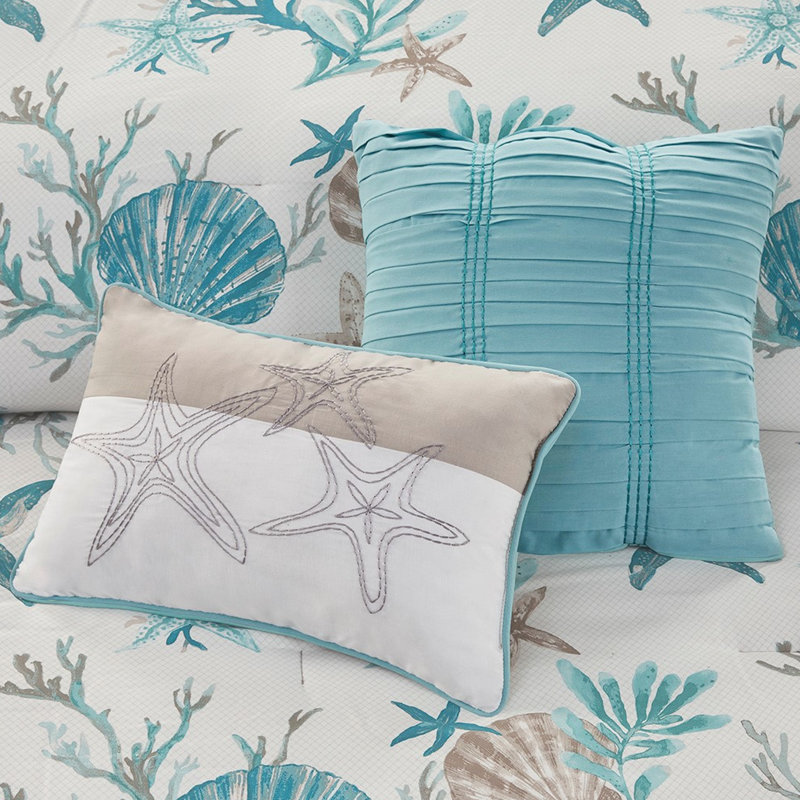 Édredon en coton 7 pièces pour très grand lit - avec coquillages imprimés, étoile de mer, coraux et envers neutre