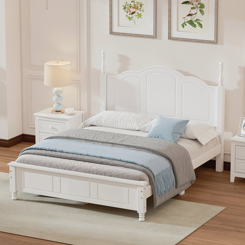 Wood Platform Bed Frame,Retro Style Platform Bed With Wooden Slat Support, White, Queen