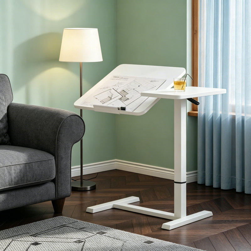 Adjustable Overbed Table With Wheels, Ergonomic Tilting Laptop Stand For Bed And Sofa, Height Adjustable Mobile Desk, White