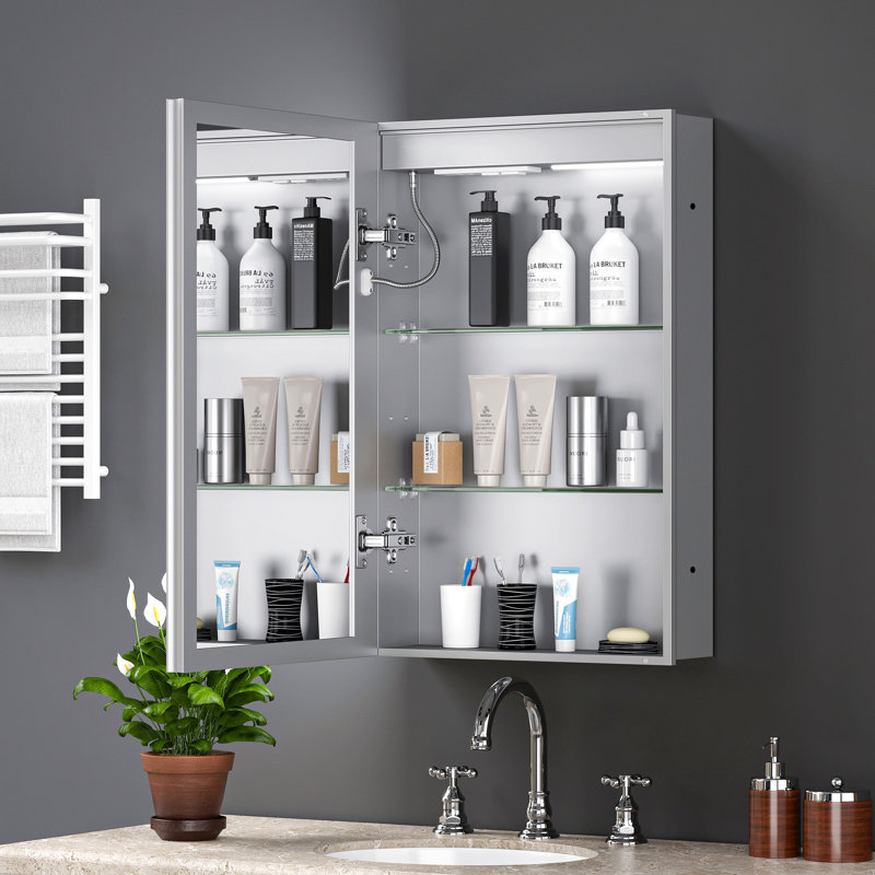Pharmacie lumineuse à DEL avec miroir, armoire de salle de bain avec miroir 20 * 30 pouces avec lumières, encastrée ou murale, 3 couleurs Temperaturesanti-Fog