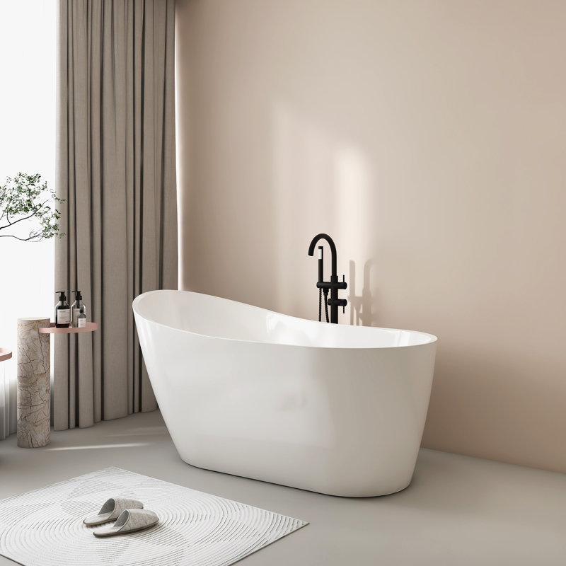 Baignoire autoportante en acrylique de 55 po, baignoire blanche avec trop-plein et drain, autoportante contemporaine