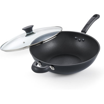 Cook N Home Basic 12-Inch Hard Anodized Nonstick Wok with Lid, Large Non Stick Stir-Fry Pan, Deep Flat Bottom Wok Pan, Everyday Chef Saute Skillet, Induction Cookware, Black