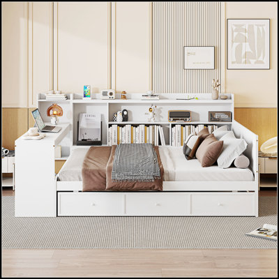 Lit de jour en bois avec 3 tiroirs, ports USB et bureau intégré pour les chambres modernes