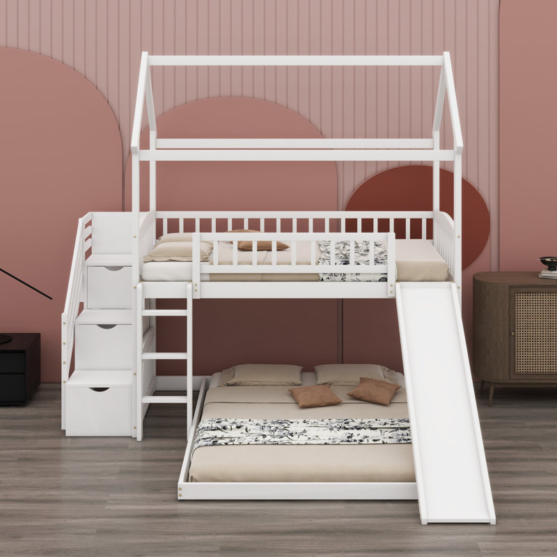Lit superposé de style maison avec glissade et escalier de rangement, Blanc