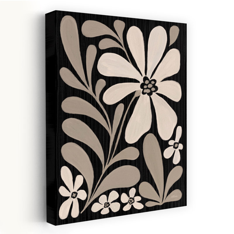 Crème, floral moderne I - ferme moderne monochrome avec fleurs beige et fond noir, H 24 po x l 16 po