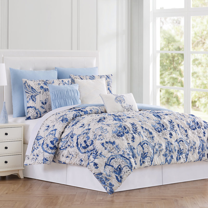  Blue/White Microfiber 8 Piece Comforter Set, King Comforter + 4 Shams + 3 Throw Pillows