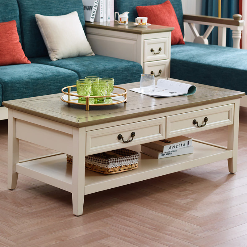 American light luxury rectangular coffee table, Gray Top/Beige Wood Base, 18.5" H x 55.1" L x 25.6" W