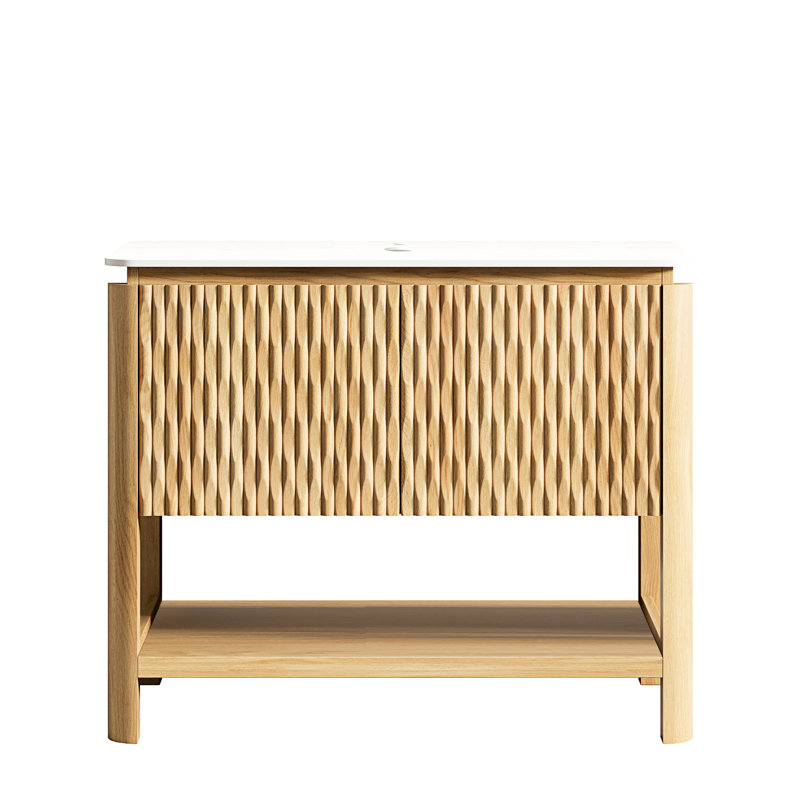 Armoire de rangement autoportante blanche en pierre frittée 36 po, 2 portes et tablette ouverte, chêne brun, contreplaqué multicouche Scratch, porte en bois massif 3D, amortisseur à fermeture douce pour éviter le pincement des doigts