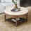 Grande table basse ronde avec repose-pieds imperméable surdimensionné à 2 niveaux avec capitonnage à boutons et tablette en bois