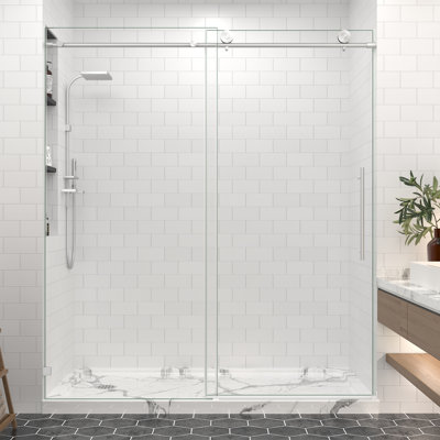 61"-65" W X 76" H Frameless Sliding Shower Door In Brushed Nickel With 5/16" Clear Tempered Glass,Large Roller, Soft Close